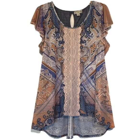 LIVE and Let Live short sleeved boho blouse with lace details size large - Picture 1 of 9